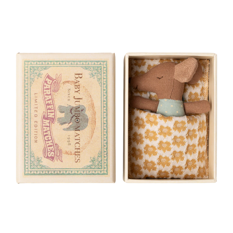 Maileg Sleepy Wakey Baby Mouse in Luciferdoosje - Blauw