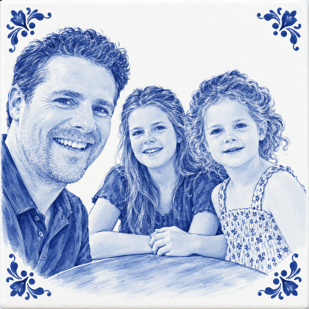 Gepersonaliseerde fototegel in Delfts blauwe stijl met familieportret