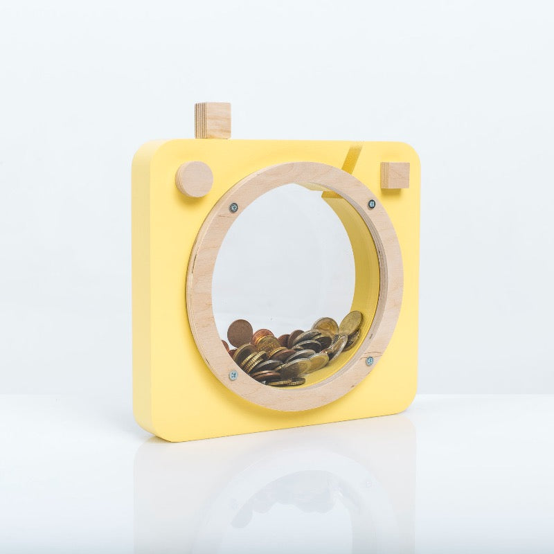 Spaarpot camera geel hout