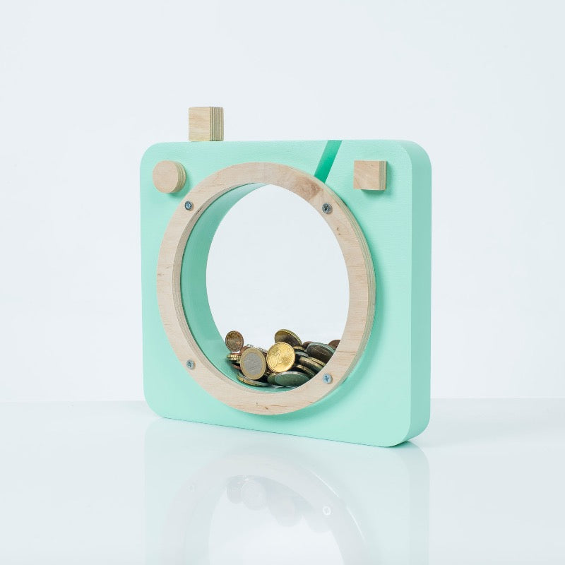 Spaarpot camera mint groen hout