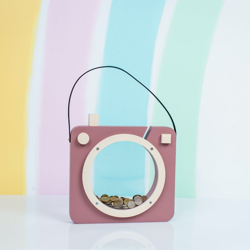Spaarpot camera roze hout